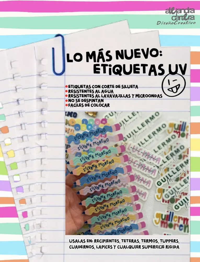 Etiquetas UV: con corte de silueta, resistentes al agua, lavavajillas y microondas. No se despintan y son fáciles de colocar.